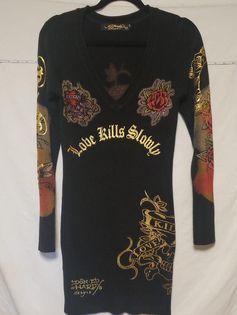 Ed Hardy By Christian Audigier Black V-Neck Sweater Dress with Gold Small